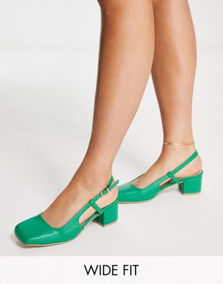 RAID Wide Fit Sisily square toe sling back shoes with mid heel in green Raid Wide Fit