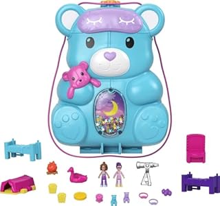 Polly Pocket 2-in-1 Travel Toy, 2 Micro Dolls & 16 Accessories, Teddy Bear Purse Playset with Sleepover Theme Polly Pocket