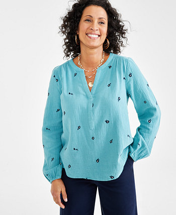 Women's Cotton Embroidered Split-Neck Gauze Blouse, Created for Macy's Style & Co