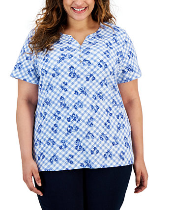 Рубашка большого размера в клетку с короткими рукавами и цветочным принтом, созданная для Macy's Karen Scott