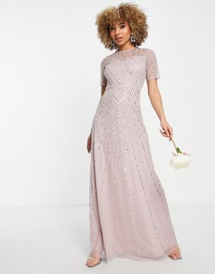 Frock and Frill Bridesmaid short sleeve maxi dress with embellishment in dusty mauve Frock and Frill