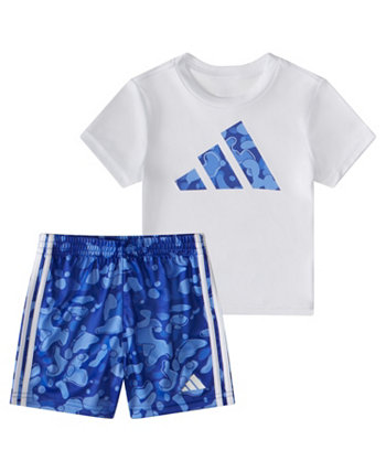 Футболка с короткими рукавами для маленьких мальчиков и шорты с 3 полосками с принтом, комплект из 2 предметов Adidas
