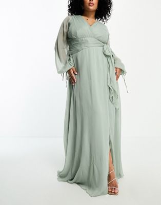 Оливковое платье макси со сборками и длинными рукавами для подружки невесты ASOS DESIGN Curve ASOS Curve