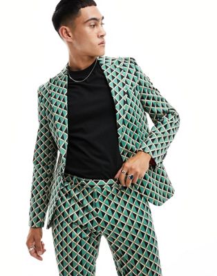 Зеленый пиджак с оттенком Twisted Tailor с геометрическим винтажным принтом Twisted Tailor