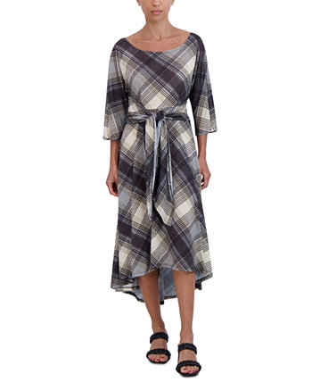 Women's Plaid-Print 3/4-Sleeve Midi Dress Robbie Bee