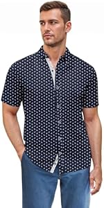 ETHANOL Mens Slim Fit Short Sleeve Button Down Polo Tech Stretch Printed Shirt ETHANOL