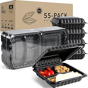 YANGRUI To Go Containers, Reusable 65 Pack 7.8 Inch BPA Free Black Clamshell Food Containers 30 oz Shrink Wrap 3 Compartment Freezer and Microwave Safe MFPP Take Out Containers YANGRUI