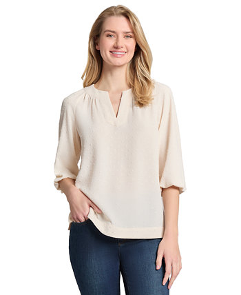 Women's 3 Quarter Sleeve Notch Neck Popover Dotted Blouse Jones New York