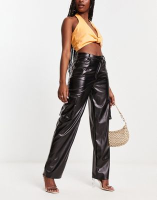 Kaiia leather look cargo pants with asymmetric waistband in black Kaiia