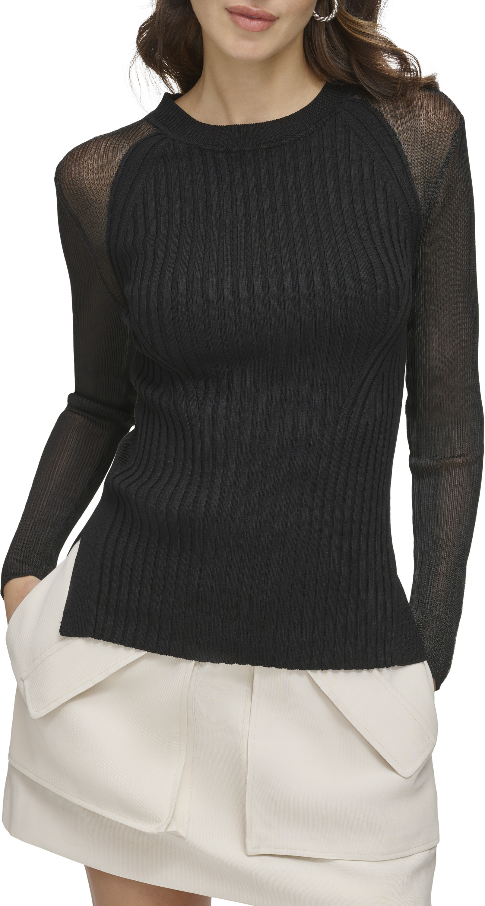Комбинированный свитер из прозрачной пряжи с длинными рукавами DKNY