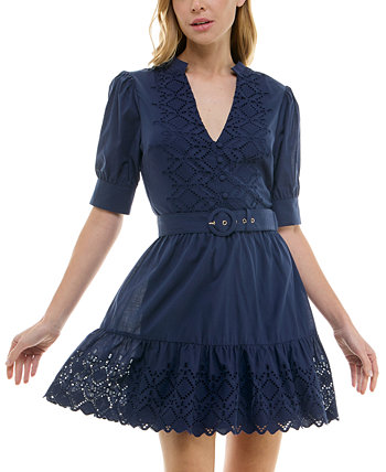 Juniors' Embroidered Belted Puff-Sleeve Dress B Darlin