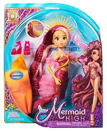 Spring Break Searra Mermaid Doll and Accessories with Removable Tail and Color Change Hair Streak Set, 7 Piece Kids Toys for Girls Ages 4 and Up Mermaid High