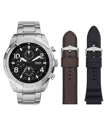 Мужские часы-хронограф Bronson, серебристые часы-браслет из нержавеющей стали, сменный коричневый кожаный ремешок 50 мм, черный силиконовый ремешок Fossil