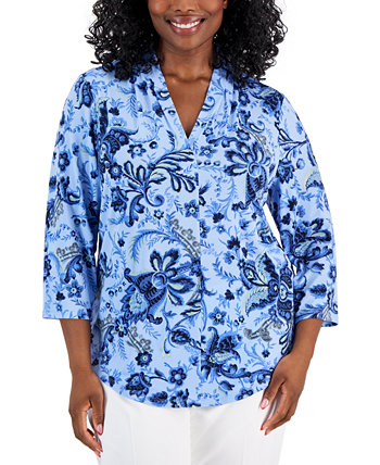 Plus Size Floral-Print Front-Pleat Top, Created for Macy's J&M Collection
