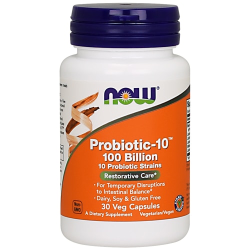 NOW Probiotic-10™ — 100 миллиардов КОЕ — 30 вегетарианских капсул NOW Foods