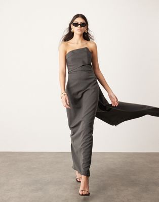 ASOS EDITION tailored asymmetric neck bandeau maxi dress with train in charcoal gray ASOS EDITION