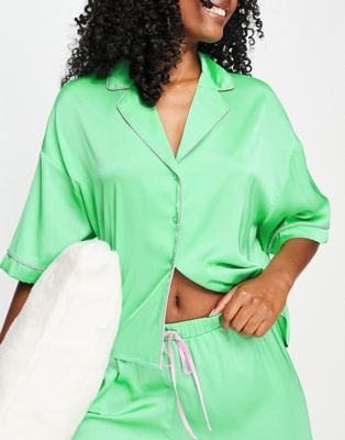 Зеленая атласная пижамная рубашка с контрастной окантовкой ASOS DESIGN mix & match ASOS DESIGN