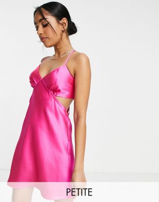 Ярко-розовое атласное платье-комбинация мини с вырезами Topshop Petite Topshop Petite