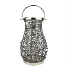 16.25&#34; Modern Gray Decorative Woven Iron Pillar Candle Lantern with Glass Hurricane Christmas Central