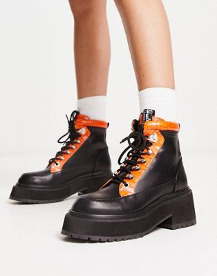 Черные и оранжевые массивные армейские ботинки Shellys London Aster Shellys London