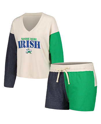 Женский кремовый рваный комплект из футболки и шорт с v-образным вырезом и длинными рукавами в стиле ирландских цветов с цветными блоками Notre Dame Fighting Set Wes & Willy
