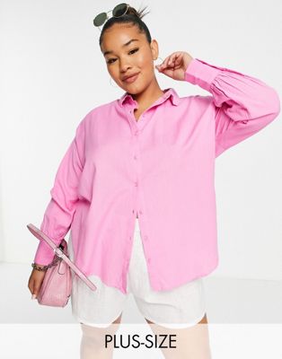 Vila Curve linen touch oversized shirt in pink Vila Curve