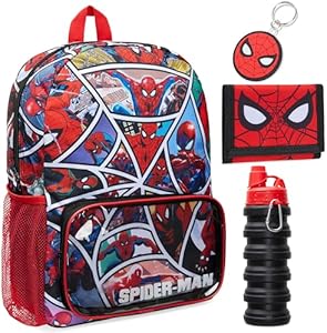 Marvel Spiderman School Bag Set - 4 Piece Backpack, Water Bottle, Wallet, Keychain - Boys Gifts Marvel