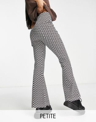 Topshop Petite high rise bengaline flared pants with side slits in checkerboard print Topshop Petite