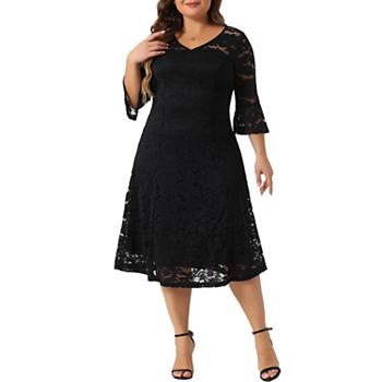 Plus Size Women's Lace Wedding Dress V-Neck 3/4 Sleeve Midi Swing Evening Bridesmaid Dresses Agnes Orinda