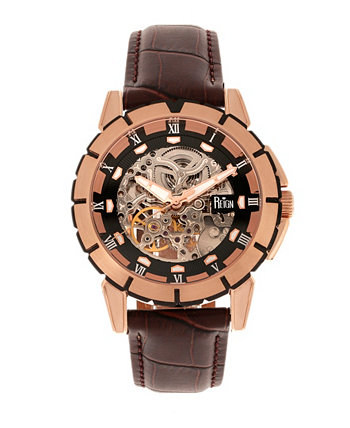 Philippe Автоматический корпус из розового золота, черный циферблат, часы из натуральной коричневой кожи 41 мм Reign