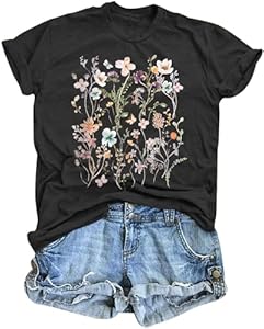 Women Boho Flower T Shirt Vintage Floral Graphic Shirt Botanical Tee Wildflowers Shirts Garden Lover Top HEBBE