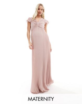 TFNC Maternity Bridesmaid chiffon maxi dress with flutter sleeve and pleated skirt in soft pink TFNC