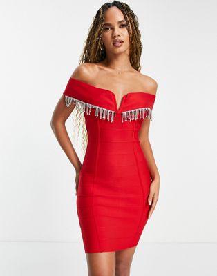 Красное облегающее платье премиум-класса с открытыми плечами и отделкой кисточками Band Of Stars Band of Stars