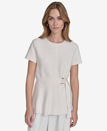 Women's Short-Sleeve Belted Round-Neck Blouse Halston