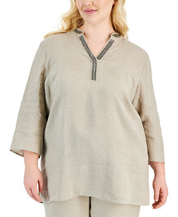 Plus Size Linen Embellished Tunic, Created for Macy's Charter Club
