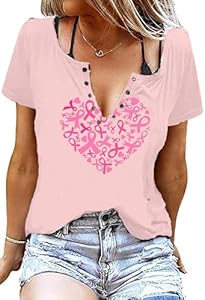 Breast Cancer Outfits T Shirts Women V Neck Pink Ribbon Graphic Tee Tops Funny Breast Cancer Awareness Shirts for Teen Girls LUBERLIN