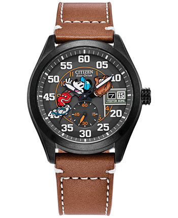 Мужские часы Eco-Drive Disney с Микки Маусом, коричневый кожаный ремешок, 43 мм Citizen