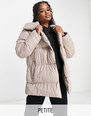 Threadbare Petite Topaz double breasted puffer jacket with shawl neck in taupe Threadbare Petite
