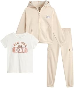 DKNY Girls 3-Piece Athletic Fleece Zip Sweatshirt Hoodie and Jogger Set (4-12) DKNY