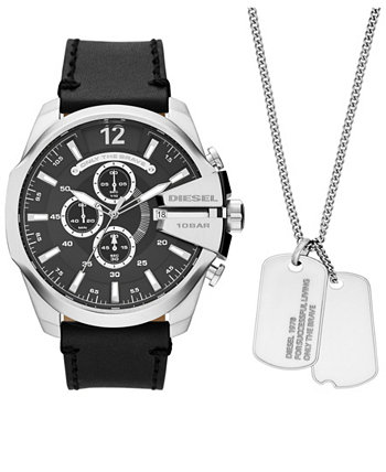 Мужские часы Mega Chief с хронографом, черные кожаные часы и ожерелье, 51 мм Diesel