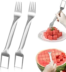 2Pcs Watermelon Fork Slicer Cutter, Stainless Steel 2-in-1 Watermelon Fork Slicer, Portable Watermelon Fork Watermelon Cutter Slicer Tool Fruit Forks Slicer for Home Party Camping Kitchen Gadget Canipha