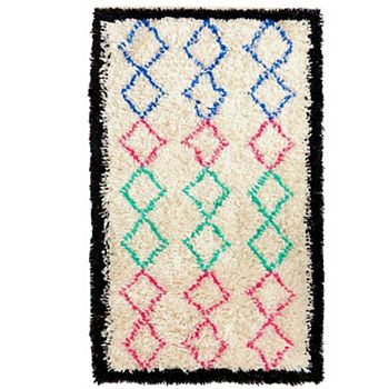 Handwoven Multicolored Geometric Trellis Plush Wool Shag Area Rug Deerlux