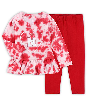 Girls Infant Scarlet Nebraska Huskers Tie-Dye Ruffle Raglan Long Sleeve T-shirt and Leggings Set Wes & Willy