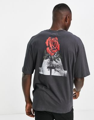 Серая оверсайз-футболка с принтом розы на спине ADPT ADPT