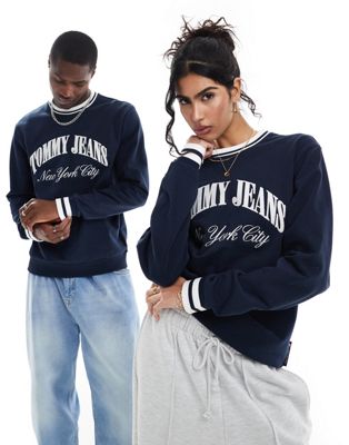 Tommy Jeans Unisex regular tipping varsity crew neck sweatshirt in navy Tommy Jeans