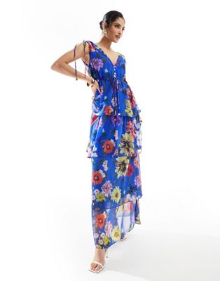 Hope & Ivy tie shoulder maxi dress with tiered skirt in cobalt floral Hope & Ivy