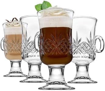 Godinger Coffee Mugs, Glass Irish Coffee Mug Set, Hot Beverage Tea Cups, Glass Cups, Drinking Glasses - 6oz., Set of 4, Dublin Collection Godinger