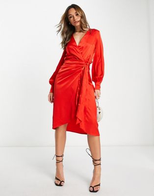 Красное атласное платье миди с завязкой на талии Never Fully Dressed NEVER FULLY DRESSED