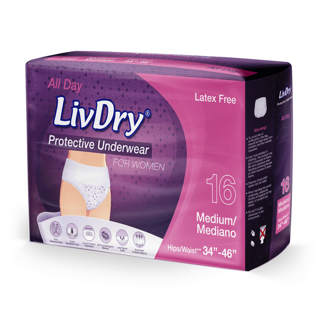 LivDry Womens Adult Incontinence Underwear, Purple Flowers, Super Comfort Absorbency (Medium, 16-Pack) LivDry