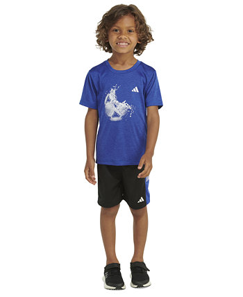 Для малышей и маленьких мальчиков, 2 шт. Футболка с графическим логотипом «Футбольный мяч» и шорты из сетки с 3 полосками и цветными блоками Adidas